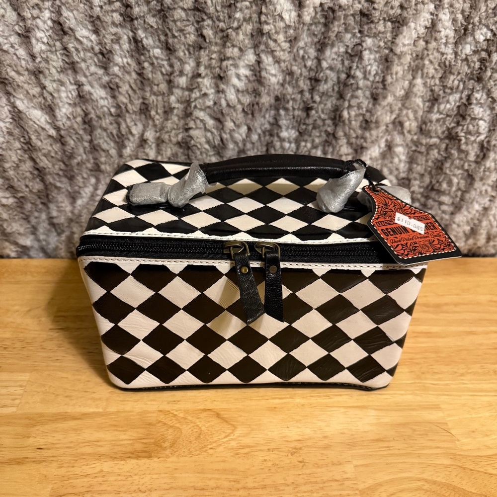 Western Linen hand painted leather travel jewelry makeup case